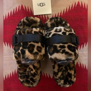 🐆UGG FLUFFITA PANTHER PRINT slides rave goth witch faux leopard print NEW